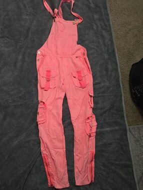 Glamour Coral Pink Cargo Overalls with Zipper Ankles